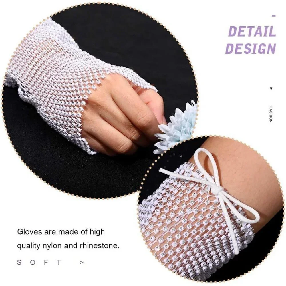 Women's White Rave Rhinestone Gloves Fingerless White New Year Mesh Arm Sleeves